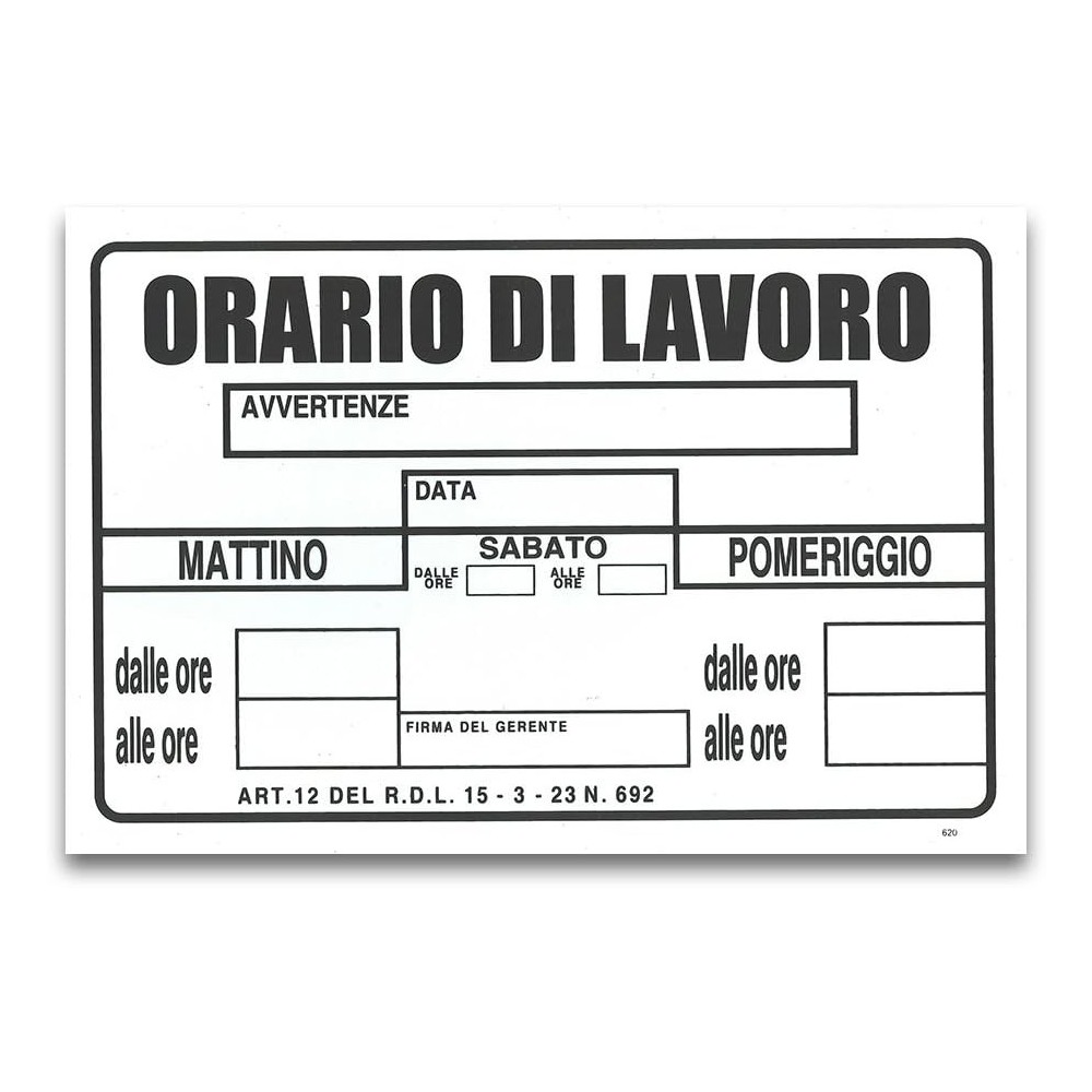 CARTELLO SEGNALETICA ORARIO DI LAVORO